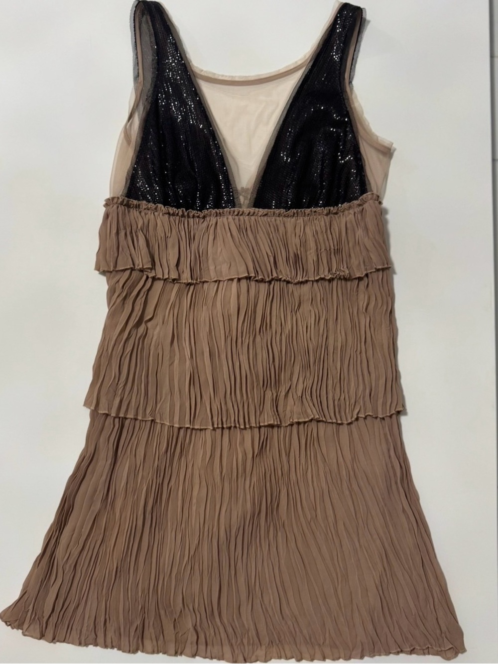 BCBGMaxAzria Taupe Tiered Mini Dress with Black Sequin Bodice size S